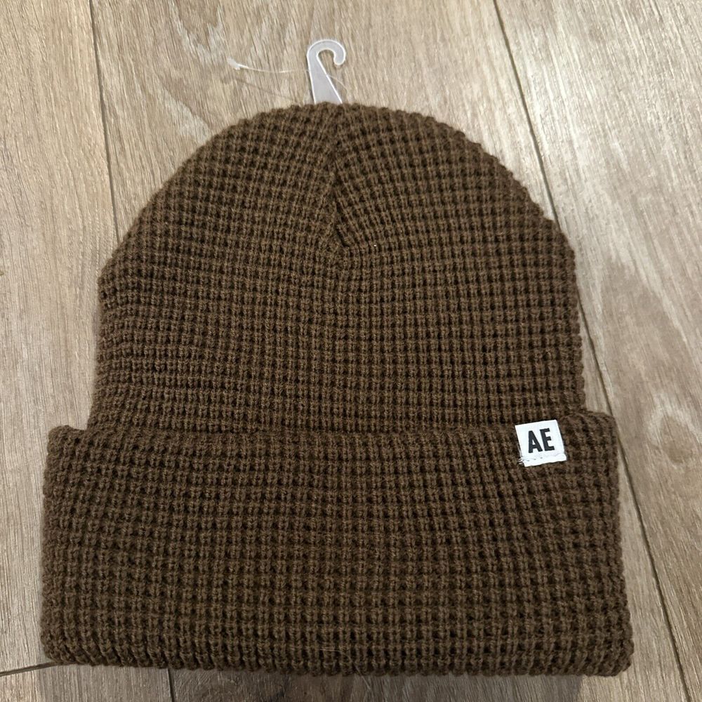 American Eagle AE Men's Knit Cuffed Logo Beanie Brown OSFM NWOT‎